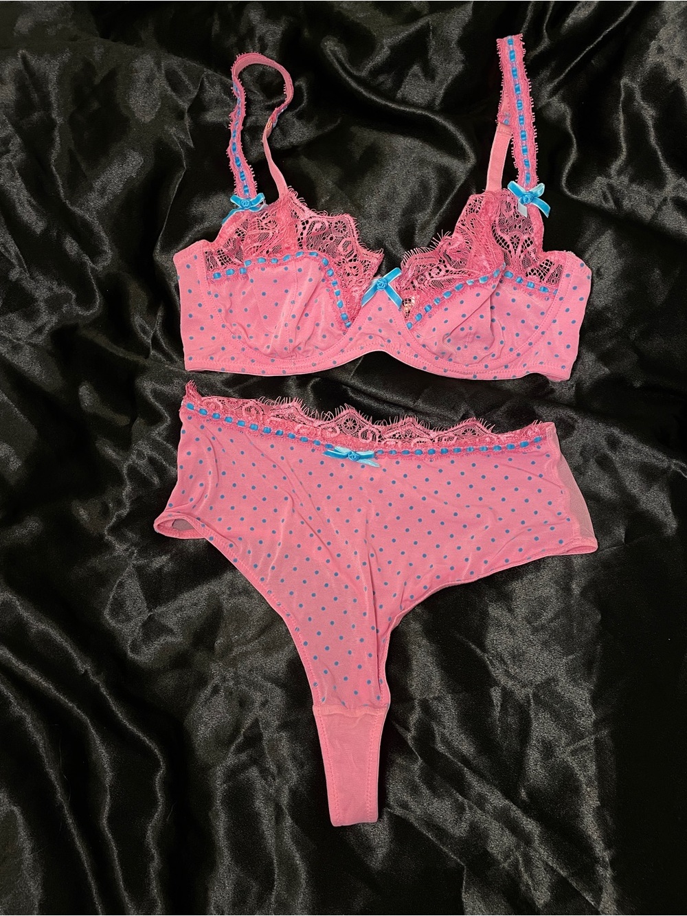 Playful Promises Sophia Pink Lace-Trim Polka Dot Bra & High Waist Thong Set